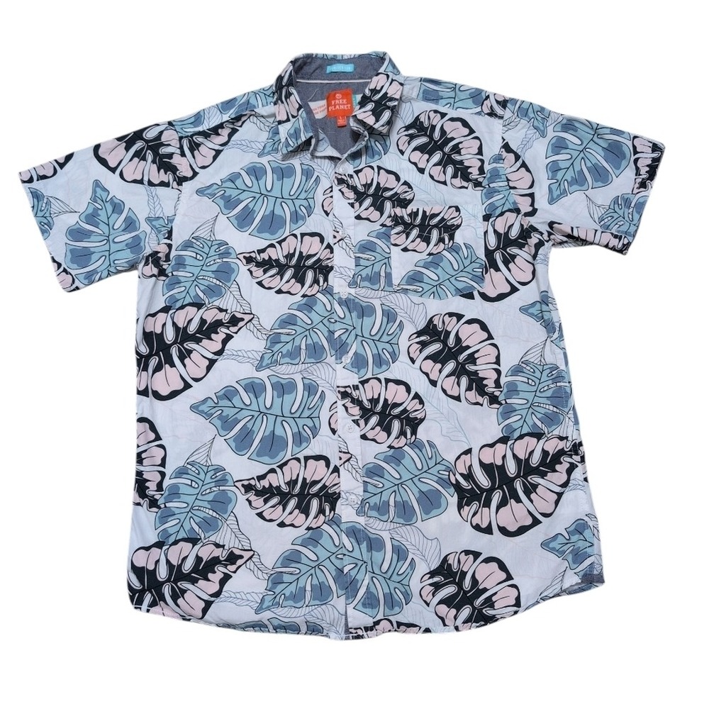 Free Planet Tropical Hawaiian Shirt Button Down‎ Short Sleeve Blue Pink Leaf